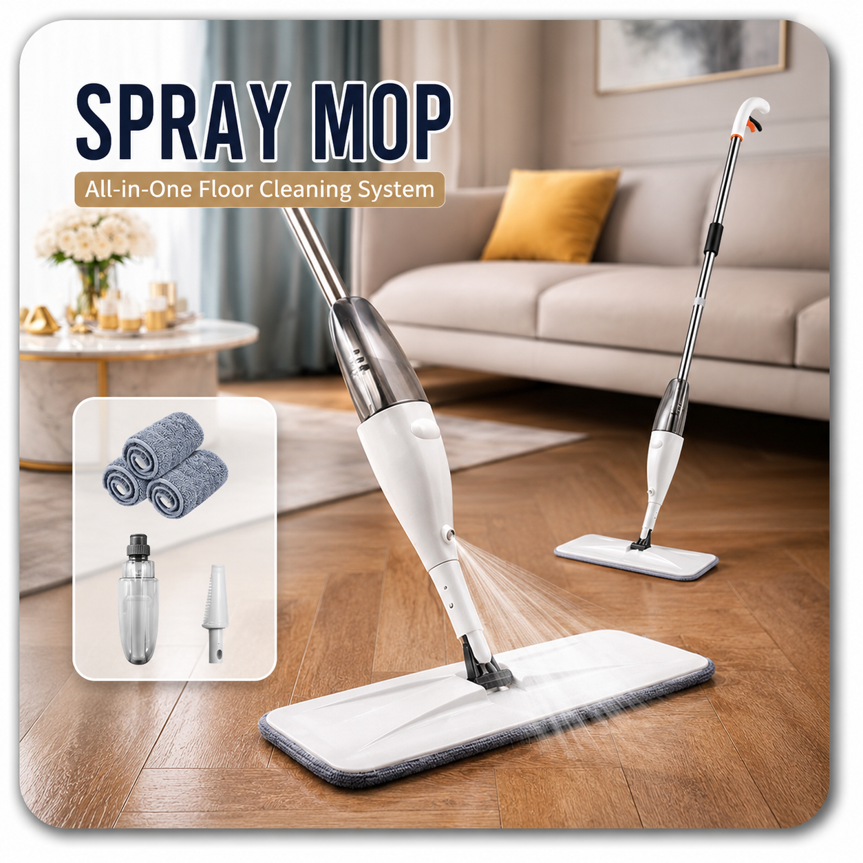 Premium Spray Mop with Refillable Water Tank & 3 Microfiber Pads
