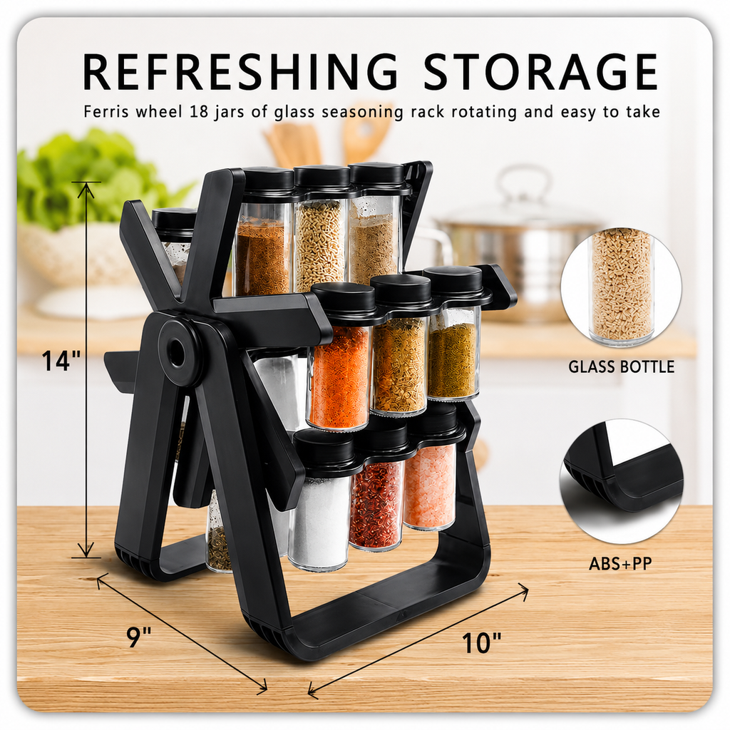 18-Jar Rotating Spice Rack – 360° Kitchen Organizer