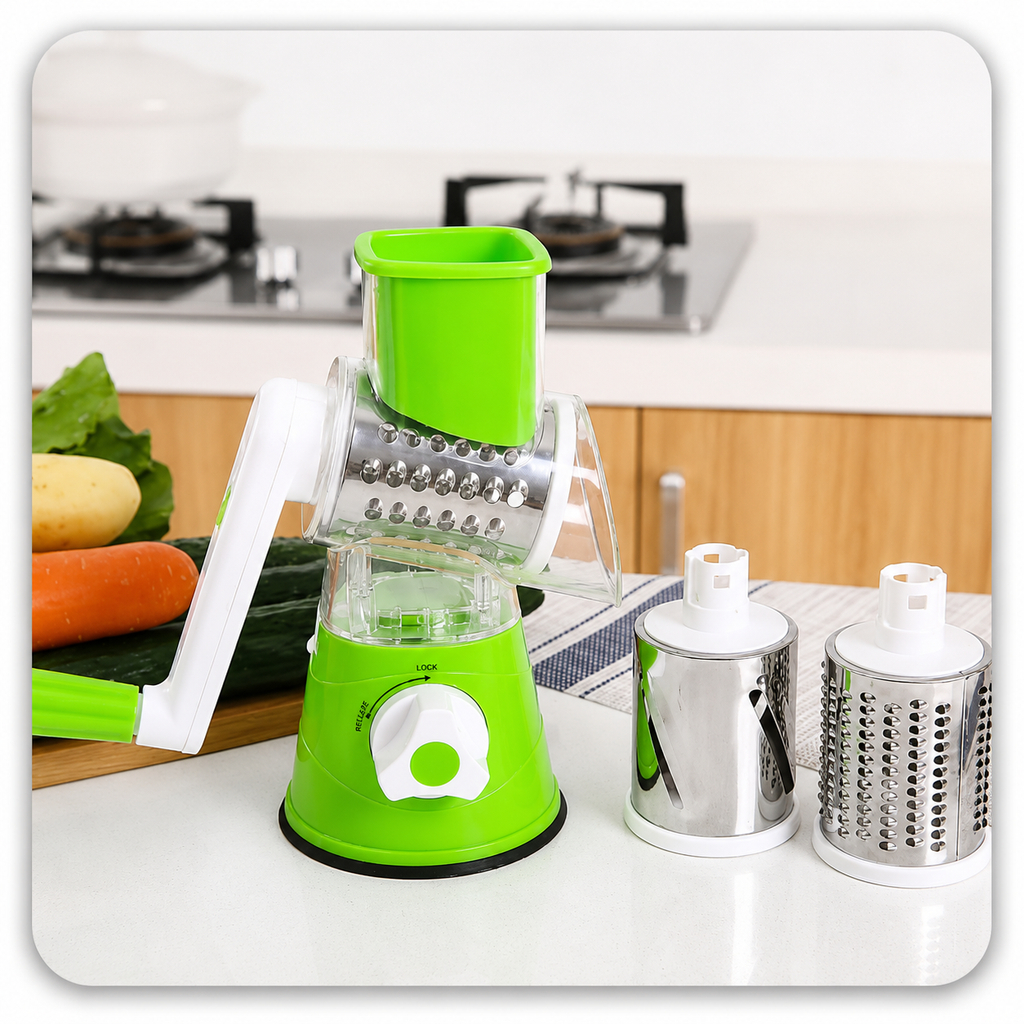 Vegetable Rotary Grater & Slicer – 3-in-1 Manual Kitchen Cutter