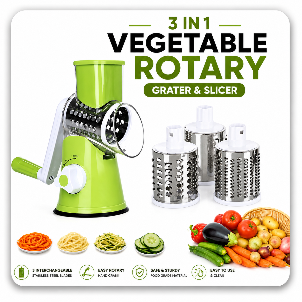 Vegetable Rotary Grater & Slicer – 3-in-1 Manual Kitchen Cutter